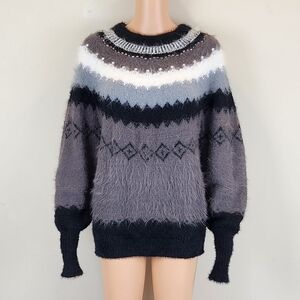 Chelsea  & Theodore Rhinestone Faux Pearl  Long Sleeve Fuzzy Sweater
